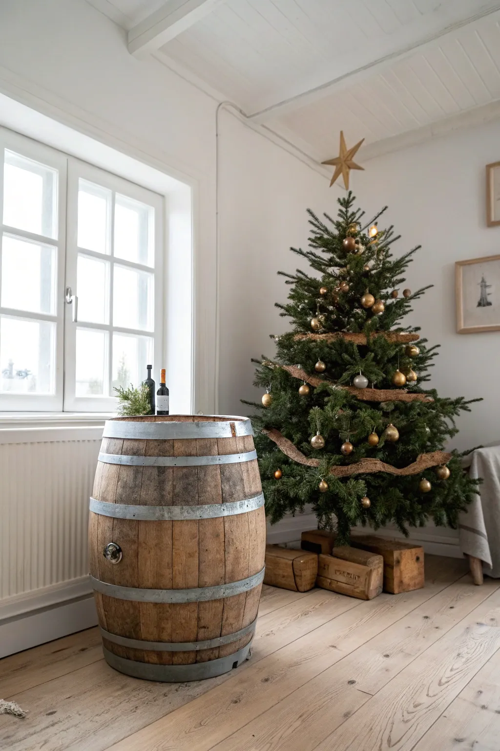 Transform your holiday decor with a vintage twist: a wine barrel base for your Christmas tree!