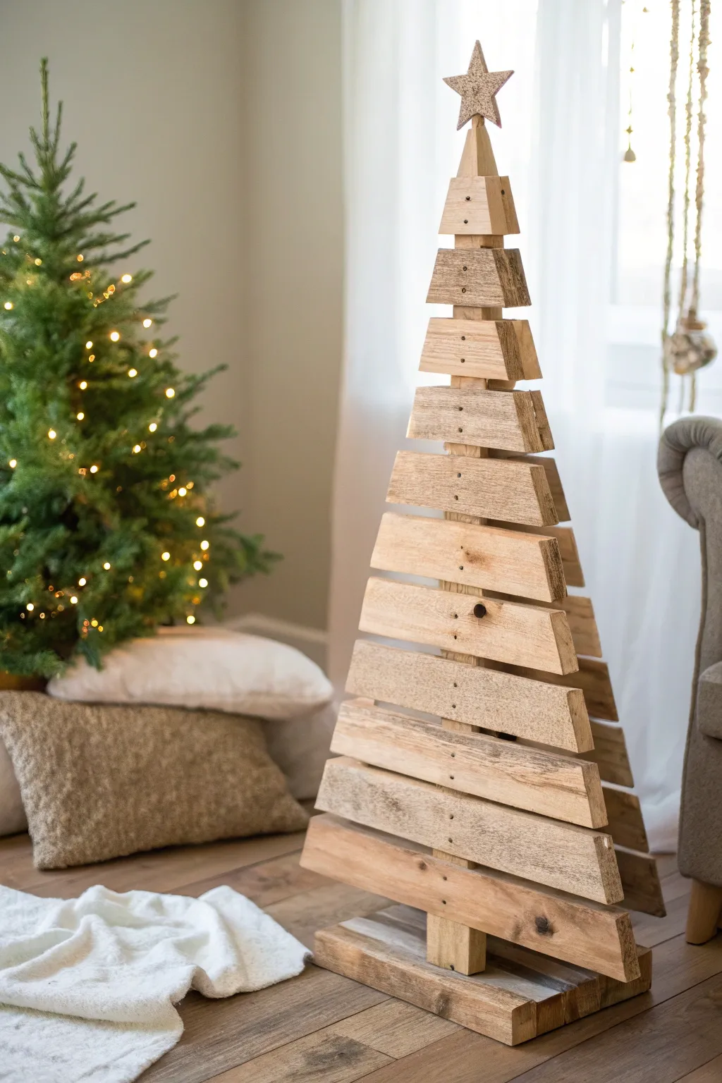 Transform pallet wood into a beautifully rustic Christmas tree for a simple, natural holiday touch.