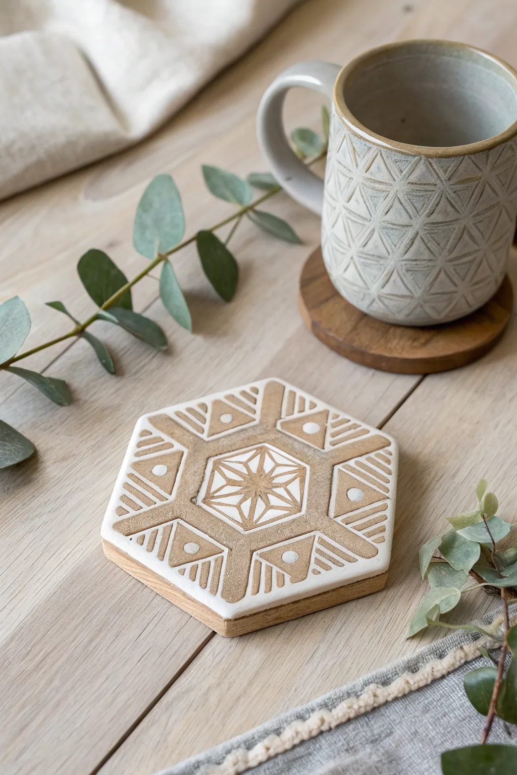 Elevate your table setting with handcrafted geometric clay coasters that blend minimalist charm with a Boho twist.
