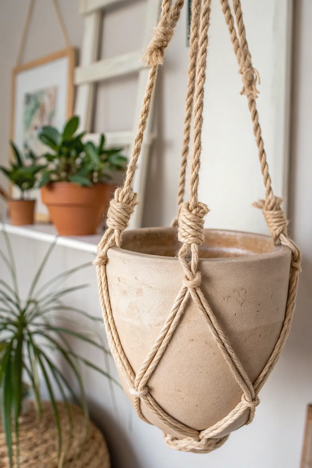 Elevate your space with the rustic charm of clay and natural rope accents.