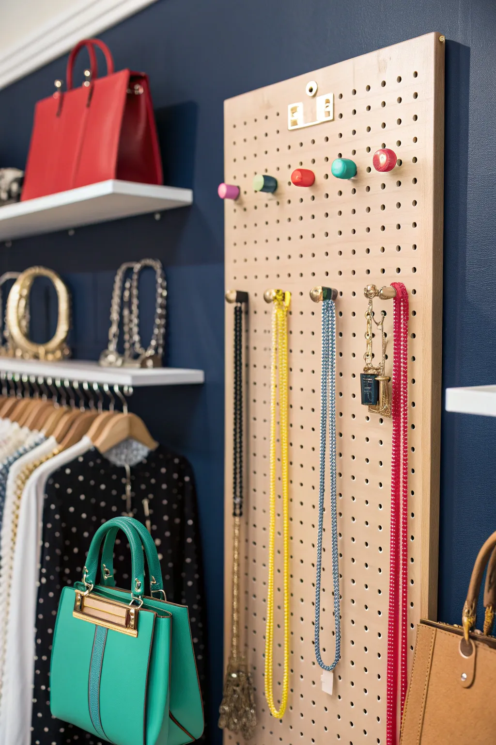 Transform your closet space with a handcrafted pegboard backdrop: where style meets functionality.