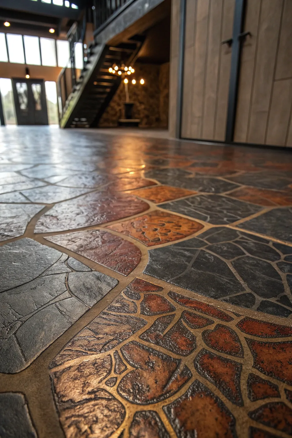 Transform your space with a rustic, textured concrete floor that combines industrial charm with artisanal craftsmanship.