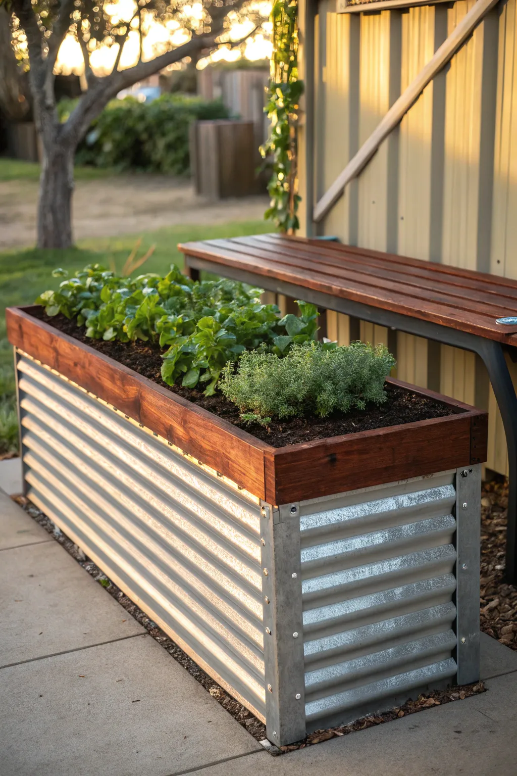 Relax and rejuvenate amidst nature with this crafted DIY raised bed featuring a cozy wooden bench.