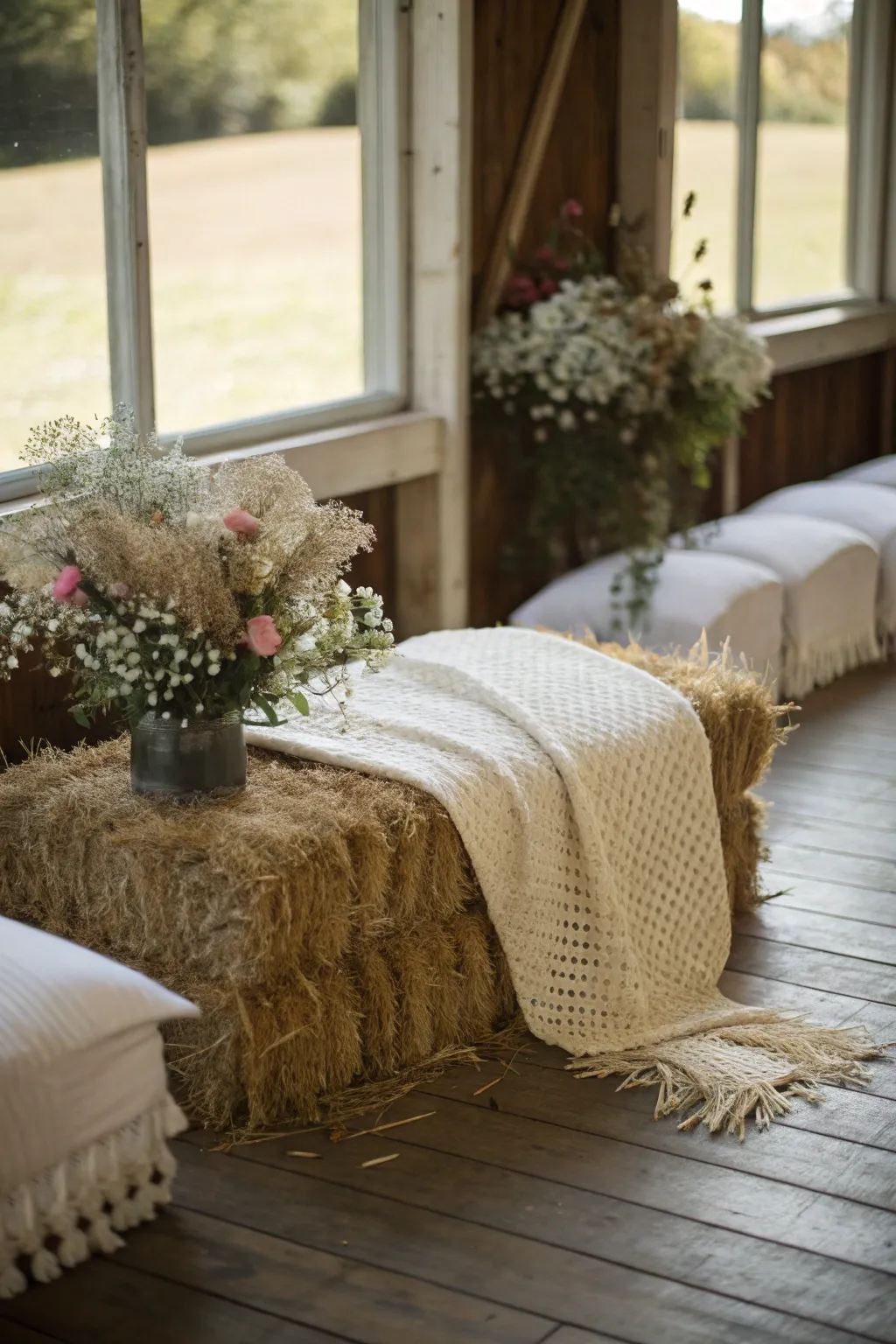 Embrace country chic with cozy hay bale seating for your wedding day.