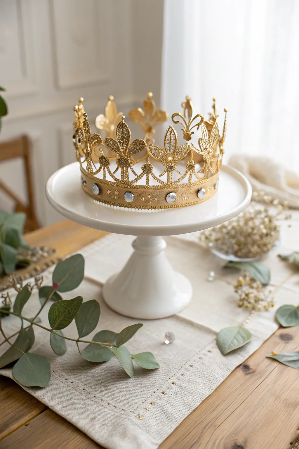 Transform your table with a touch of elegance: a DIY crown centerpiece elevated on a cake stand.