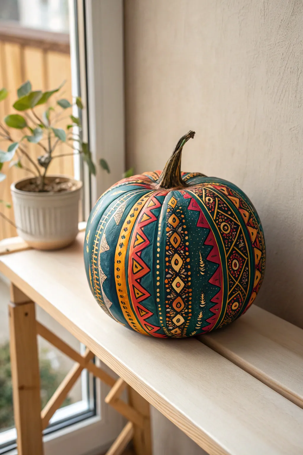 Embrace year-round charm with a painted pumpkin centerpiece, blending Scandinavian simplicity with Boho flair.