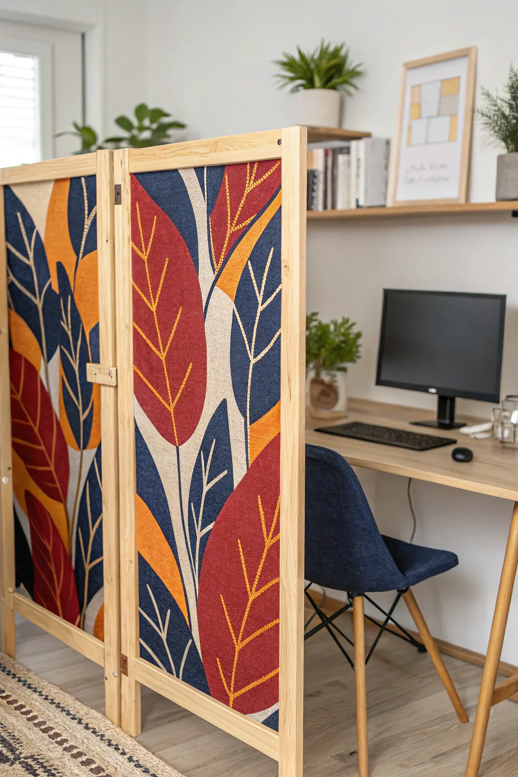 Elevate your workspace with a bold, fabric-covered partition that blends boho flair with Scandinavian simplicity. #DIYDecor #CreativeSpaces