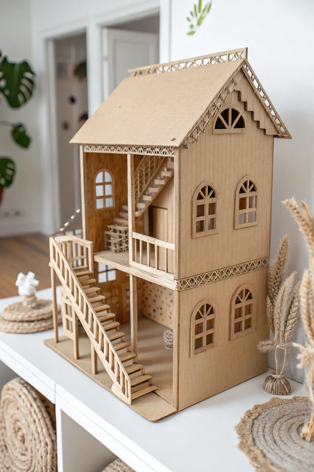 Discover the art of simplicity with this charming multi-story dollhouse, where creativity meets minimalist elegance.