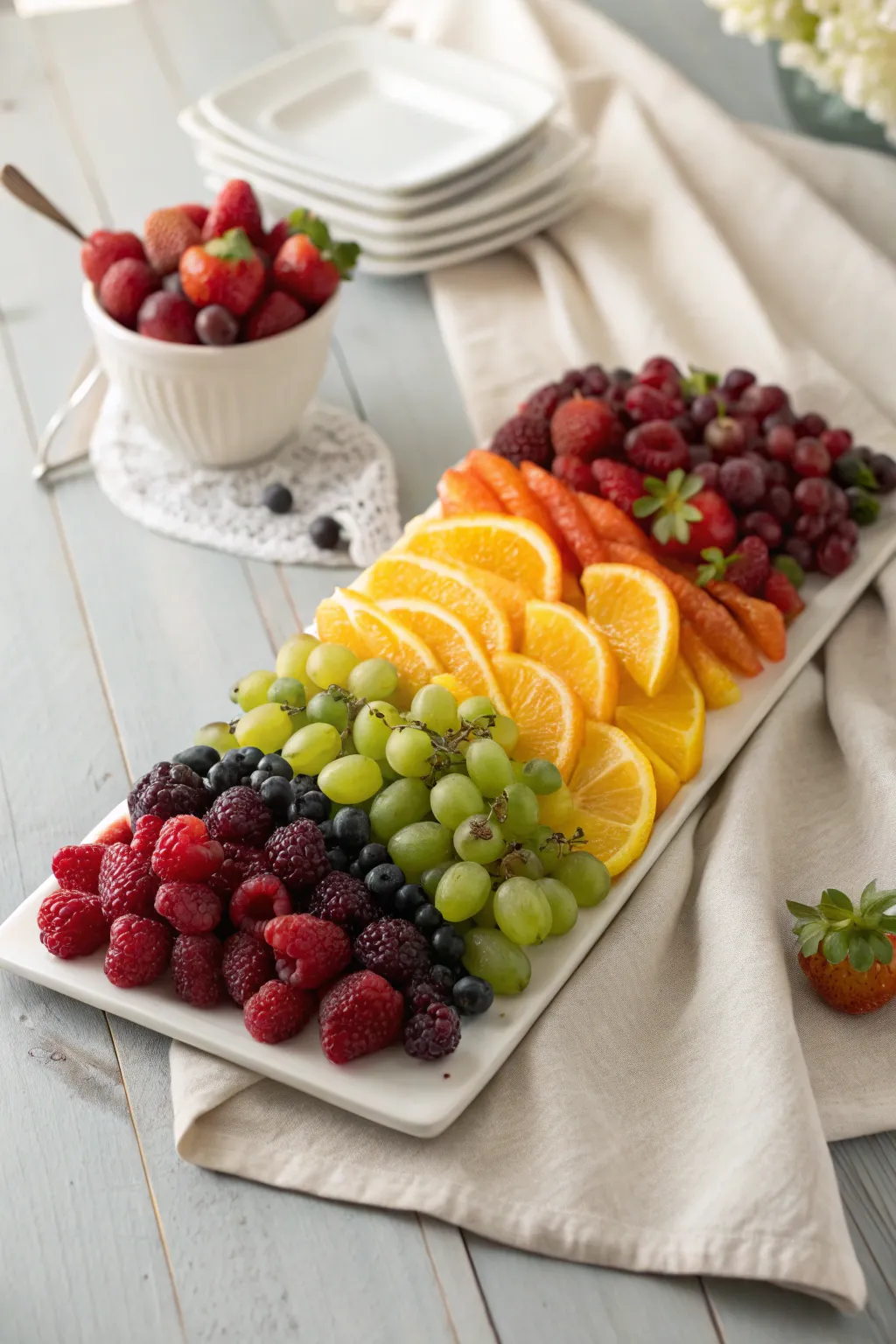 Dive into a cascade of colors: a stunning fruit arrangement that celebrates simplicity and natural beauty.