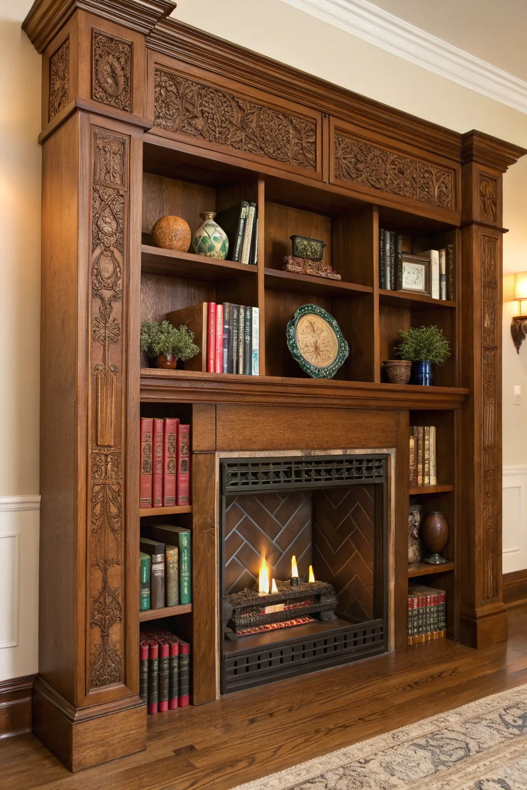 Elevate your fireplace with bespoke shelving that combines functionality and style. Perfect for showcasing your favorite books and decor.