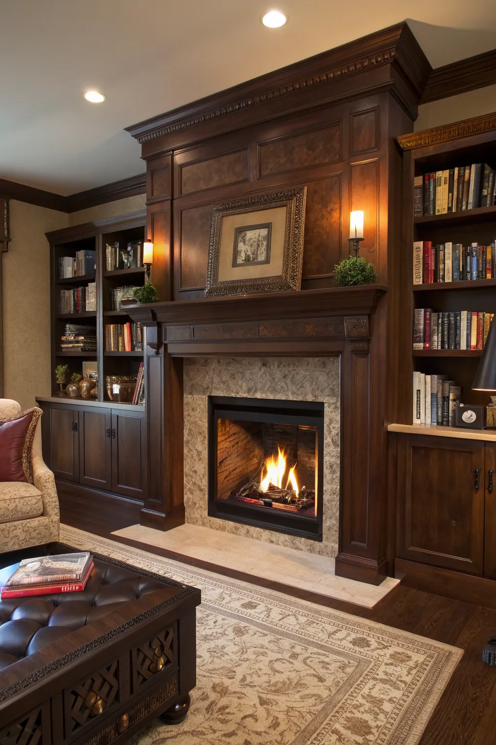 Transform your space into a haven of style with built-in bookshelves framing your fireplace, merging functionality with flair.