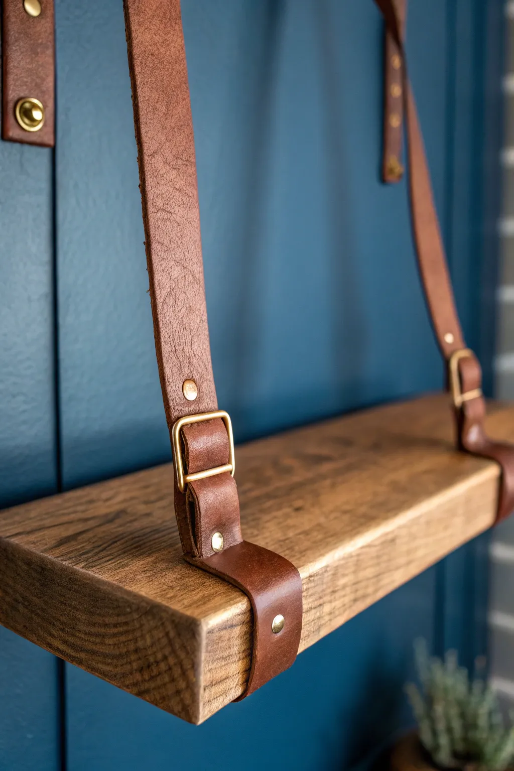 Elevate your shelves with the elegance of leather strap supports. A perfect blend of craftsmanship and style.