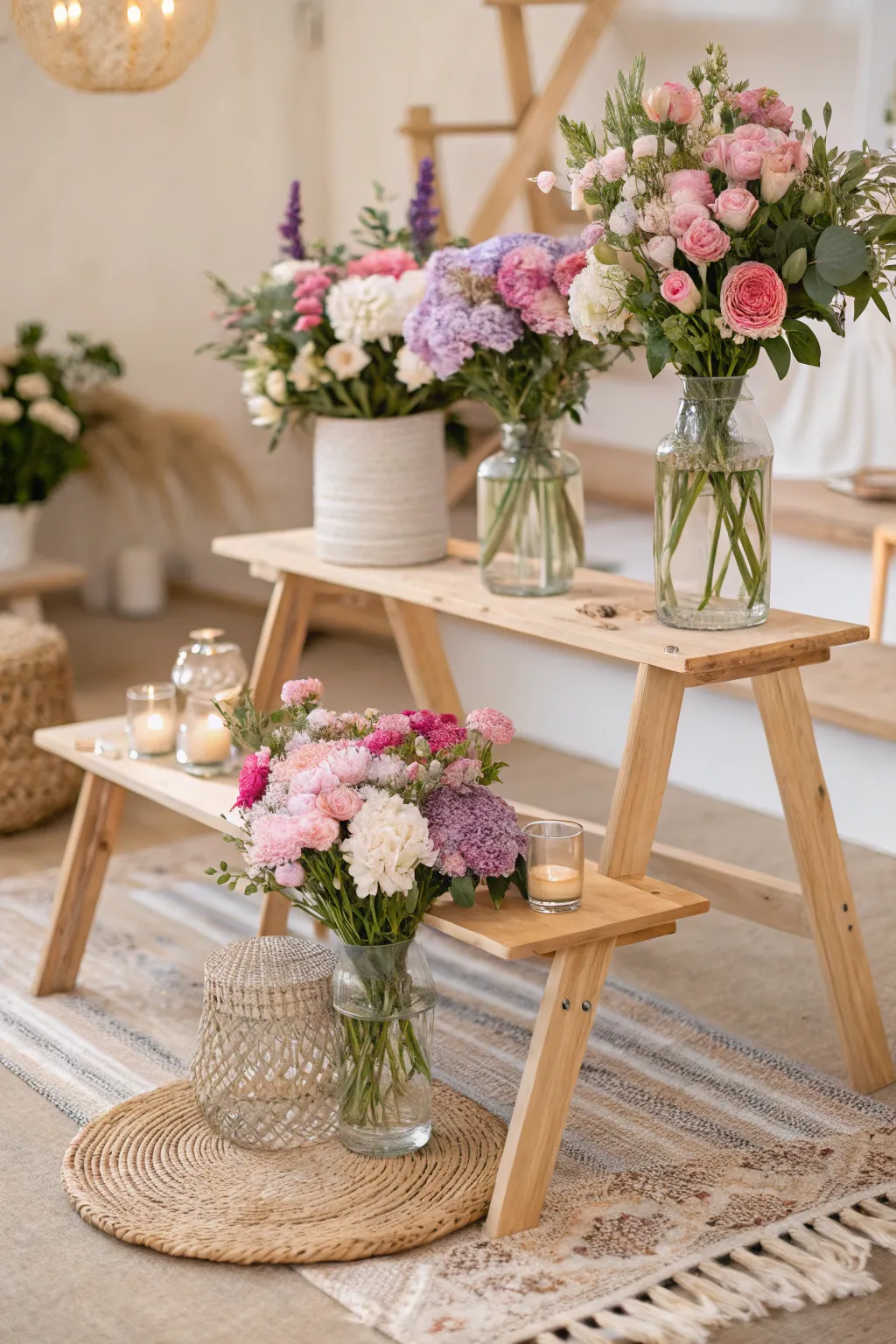 Create a stunning DIY flower bar with layered display tables—where simplicity meets natural beauty!