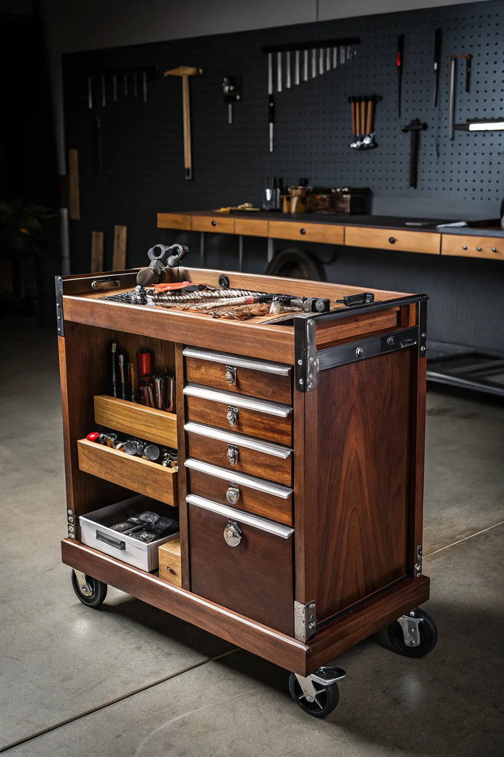 Elevate your workshop game with a versatile and stylish rolling cart—where craftsmanship meets functionality.