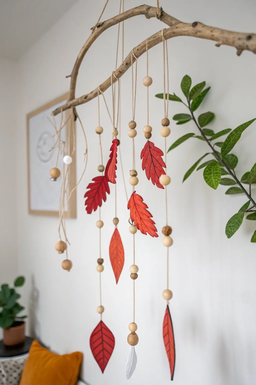 Bring a touch of the outdoors inside with this enchanting nature-inspired mobile. Perfect for adding a whimsical, handcrafted element to any space.