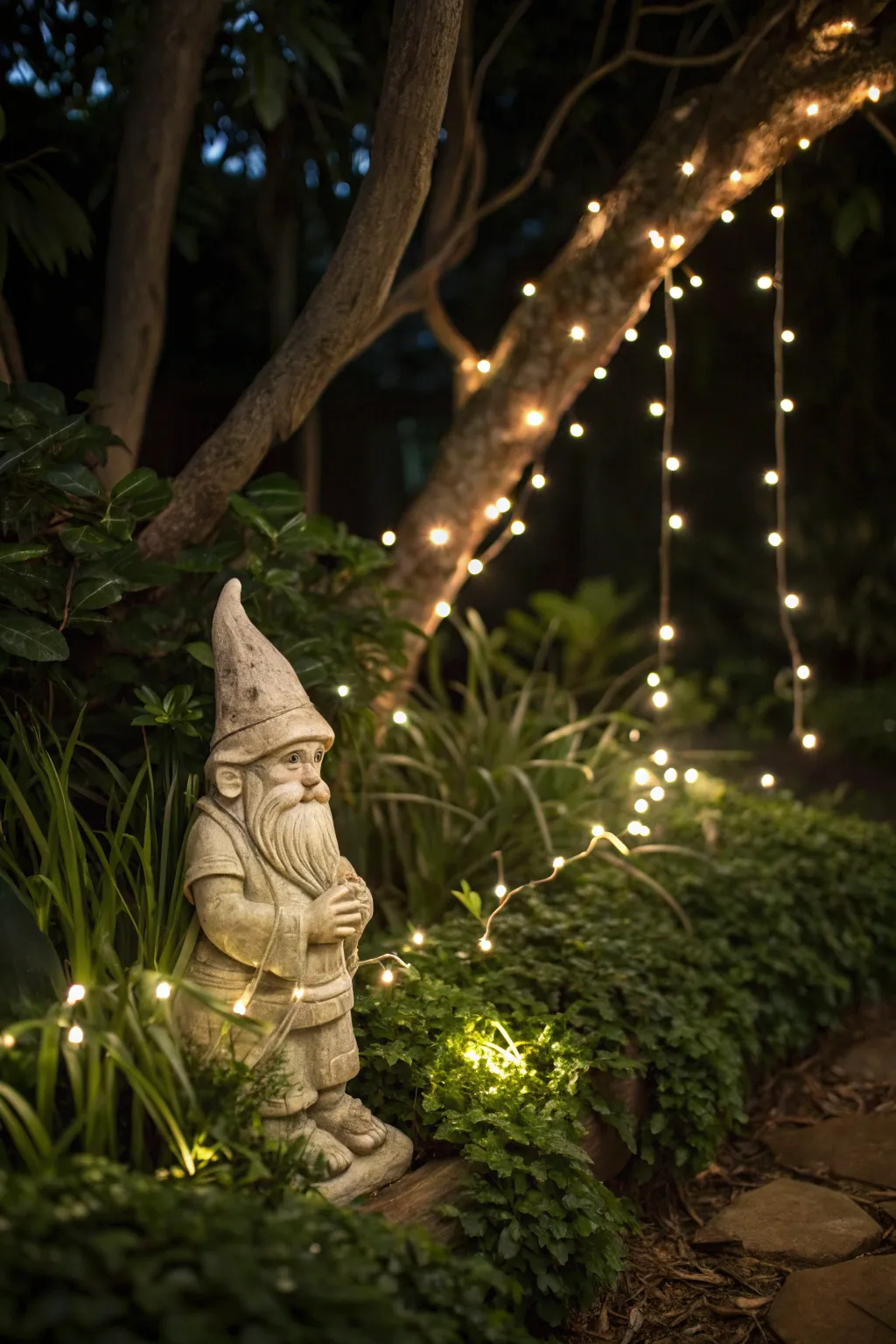Embrace the magic of the night with fairy lights and a charming gnome in your garden sanctuary.
