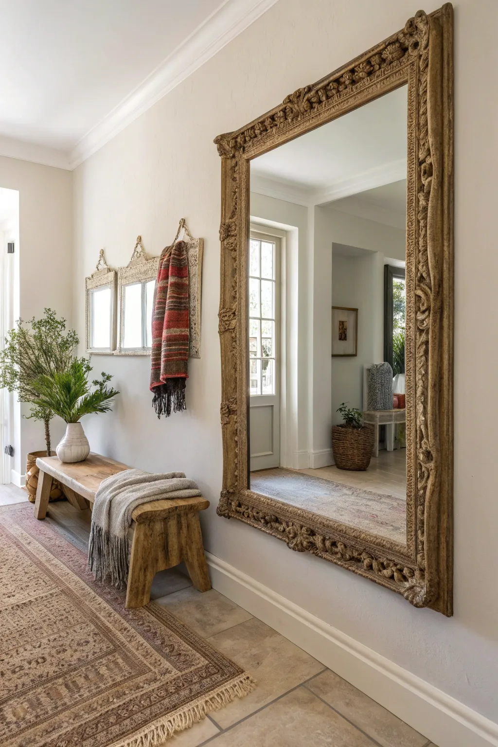 Transform your hallway with the enchanting depth of a beautifully crafted antique mirror.