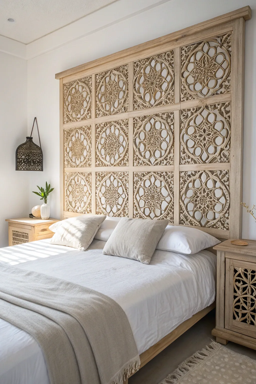 Elevate your bedroom with a touch of boho elegance using patterned cut-out panels for a stunning DIY headboard.