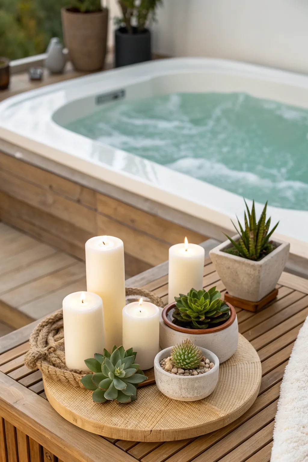 Elevate your hot tub experience with a touch of Scandinavian-Boho elegance. 🌿✨