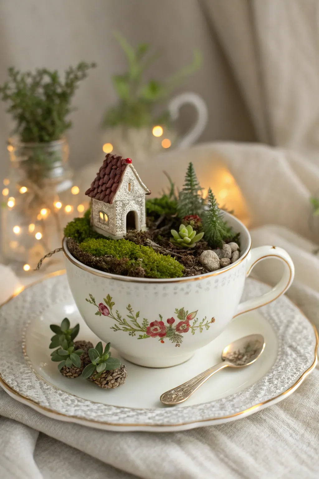 Discover the magic of a fairy garden in a teacup, where simplicity meets enchantment.