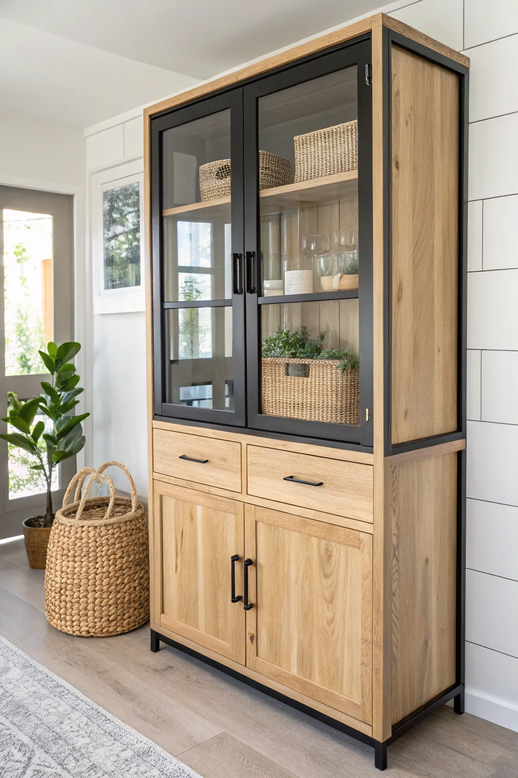 Elevate your kitchen with a chic mixed-material hutch that blends industrial and cozy vibes effortlessly.