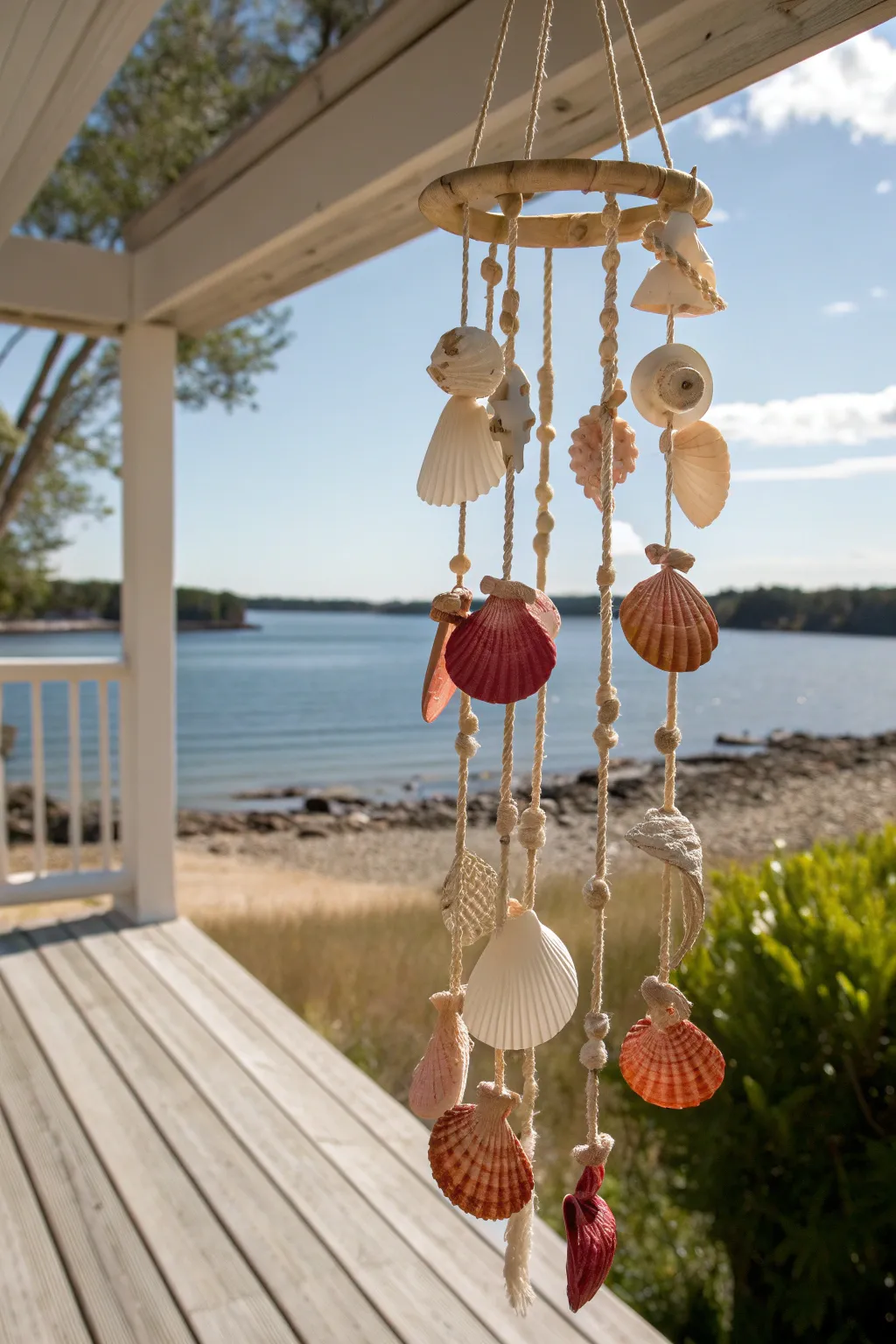 Bring the tranquil melody of the lake breeze into your home with handcrafted seashell wind chimes.