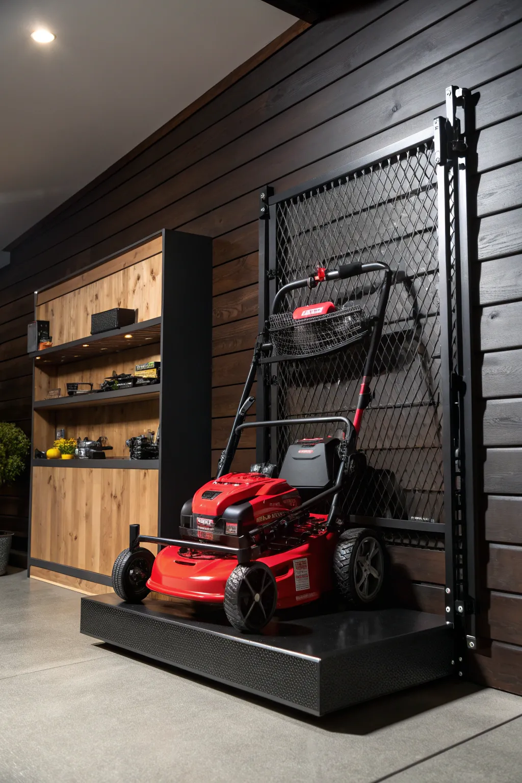 Elevate your garage game with this bold, wall-mounted lawn mower storage solution.
