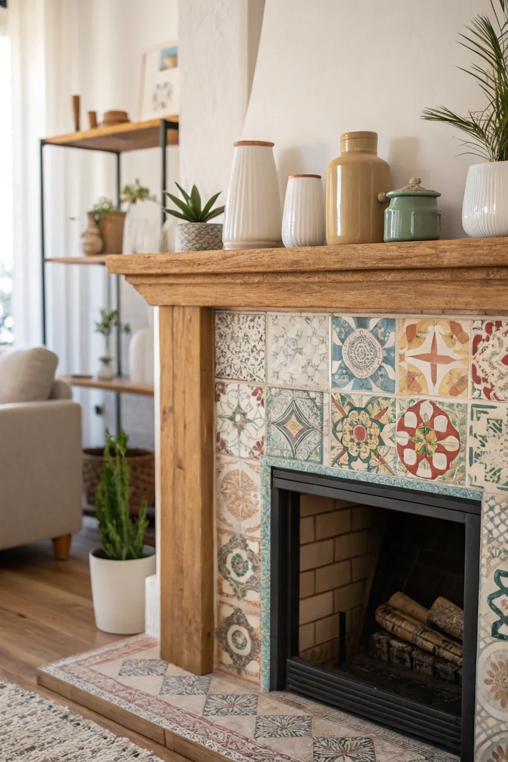 Transform your space with a touch of artistry: a stunning mosaic tile mantel that blends color, texture, and style.
