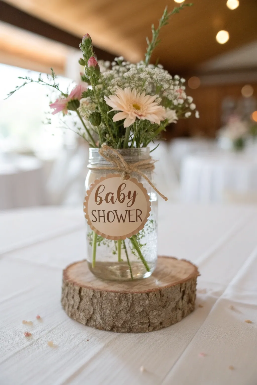 Add a personal touch to your baby shower with beautifully labeled mason jar centerpieces.