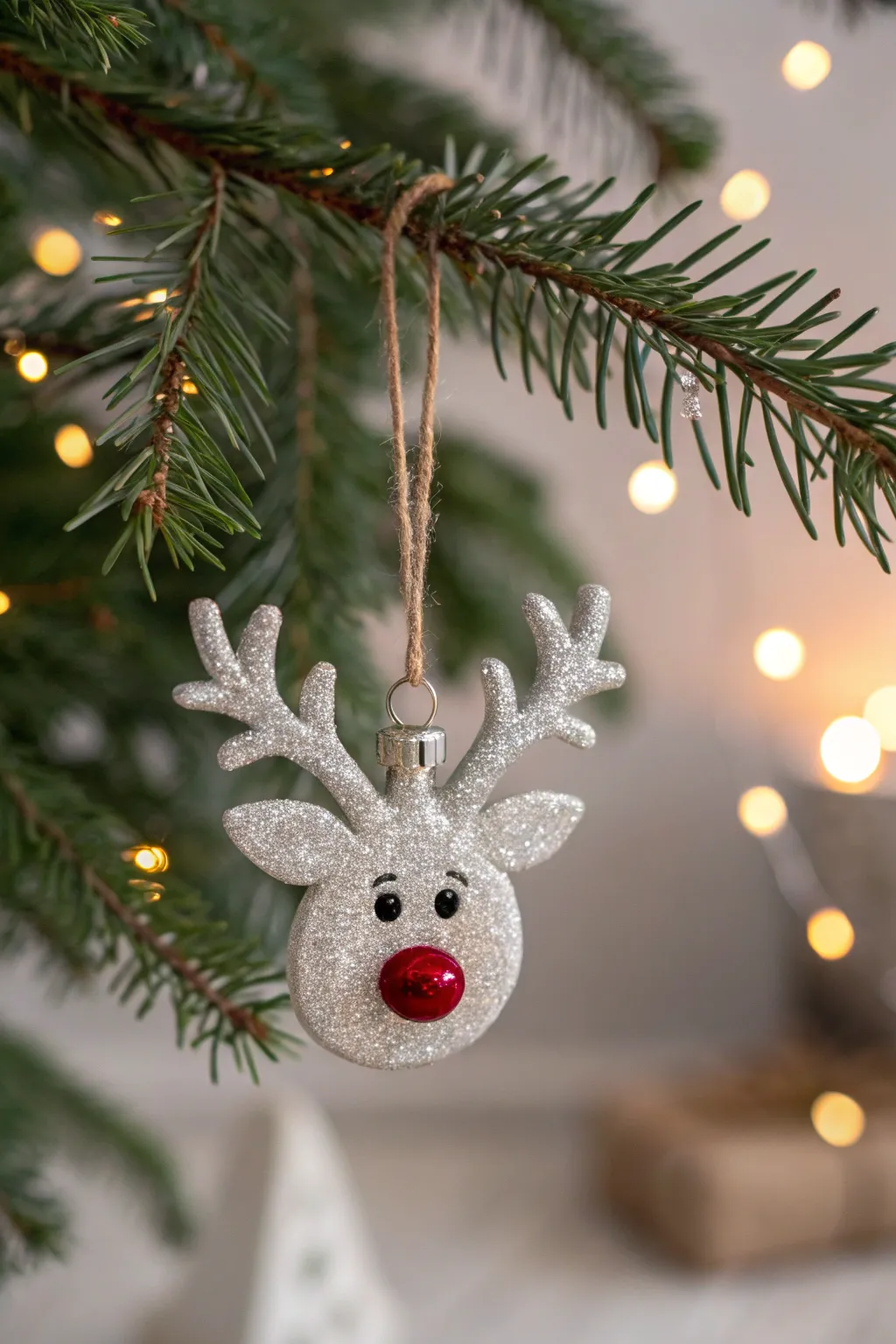 Add a touch of sparkle and charm to your holiday decor with glittering reindeer face ornaments.