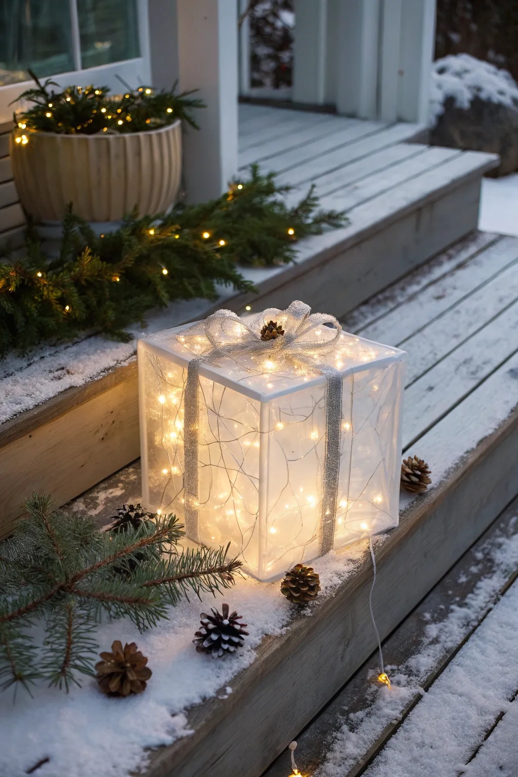 Illuminate your porch with the enchanting glow of DIY gift boxes, a perfect blend of minimalist charm and festive warmth.