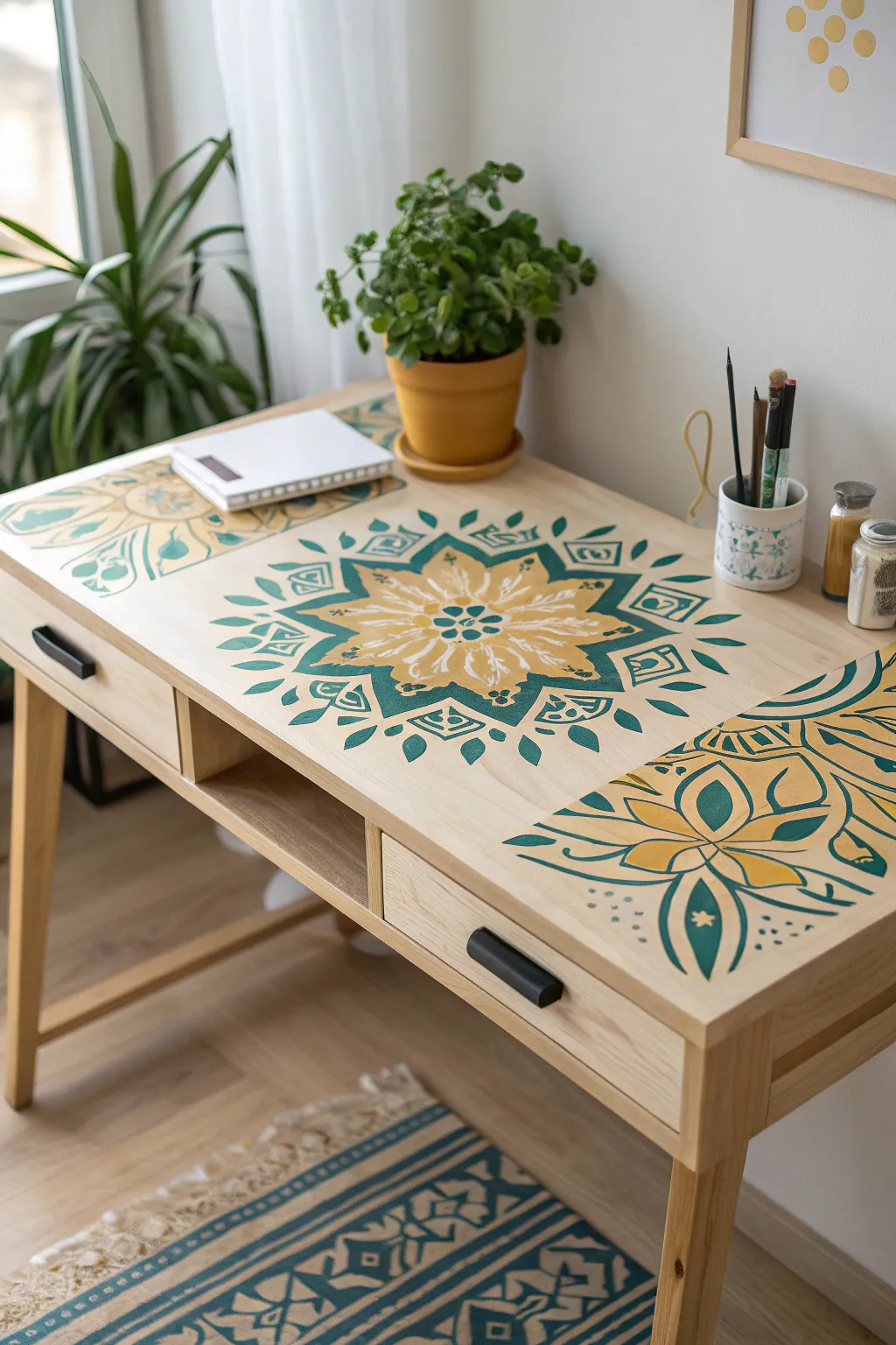Transform your workspace with stenciled elegance: where Scandinavian simplicity meets bold Boho charm.