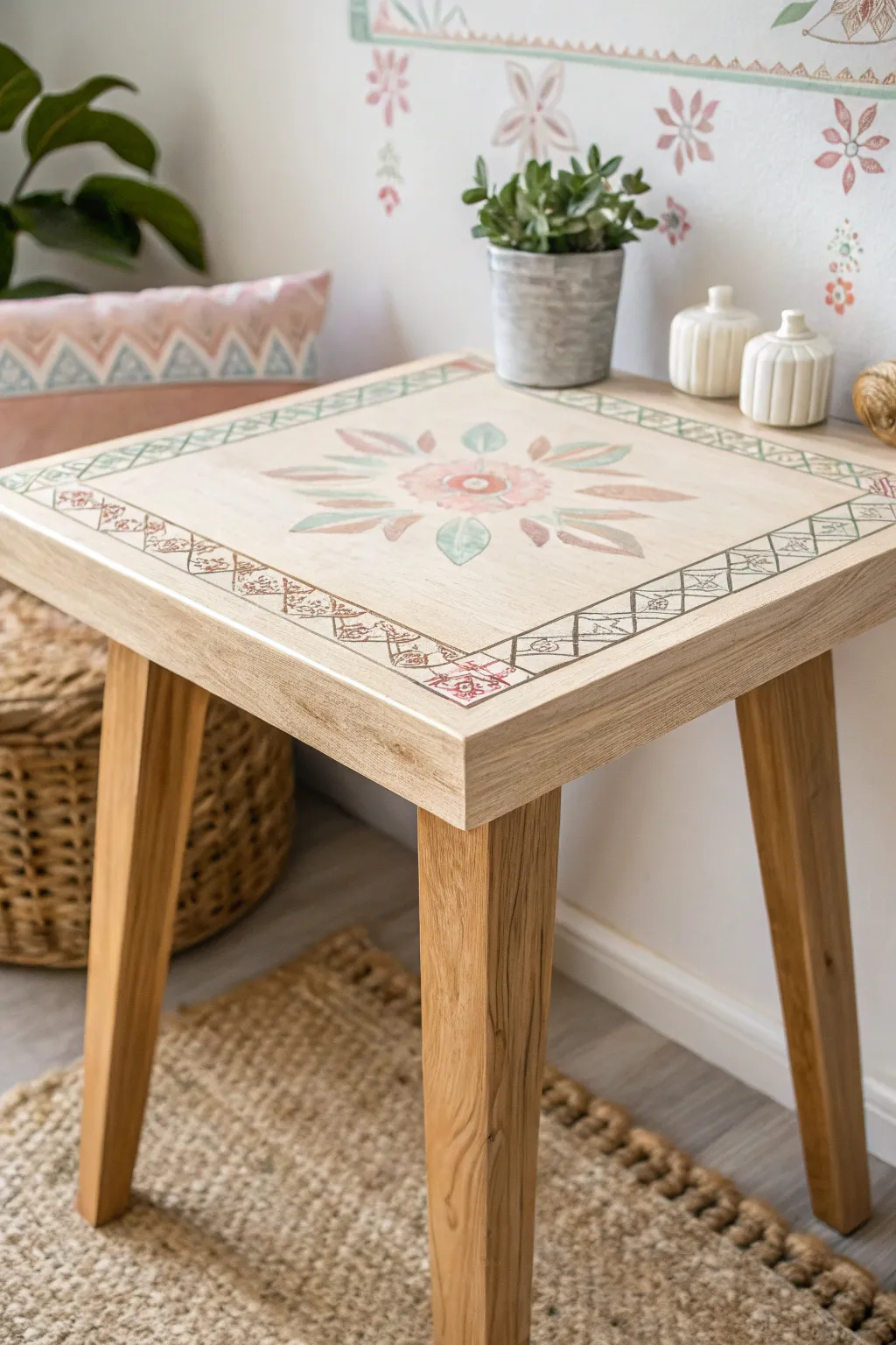 Transform your space with a touch of artistry: DIY stencil designs on a minimalist end table.