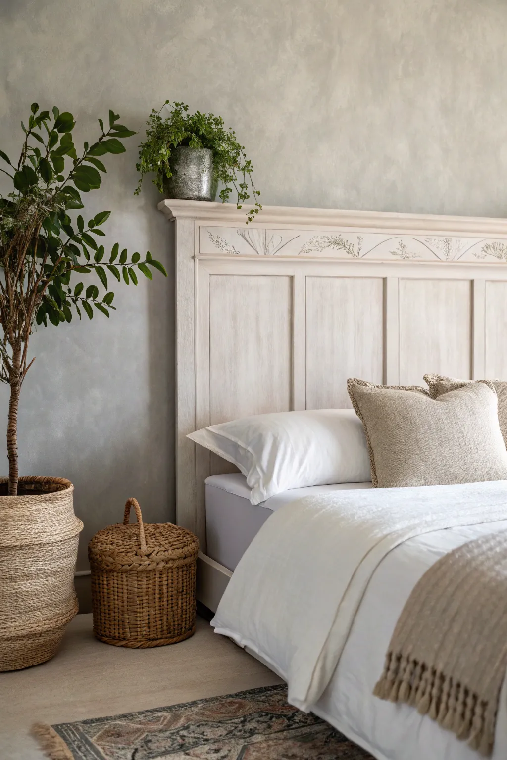 Embrace minimalist elegance with a monochrome headboard that whispers sophistication.
