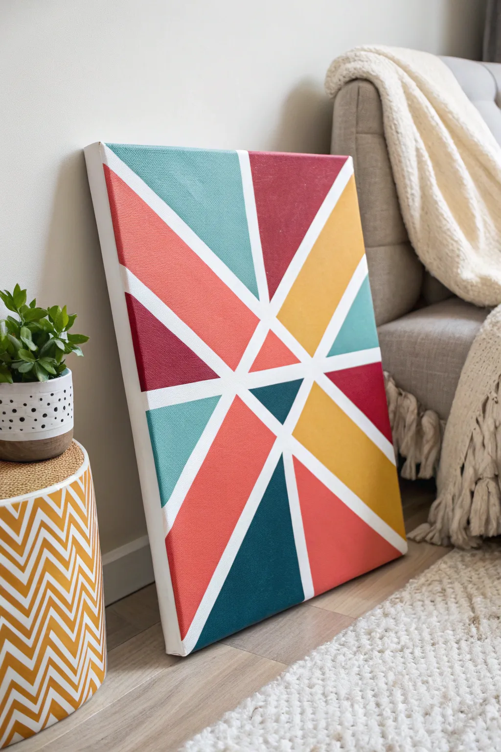 Transform your space with geometric elegance: DIY canvas art that merges simplicity with a modern twist.