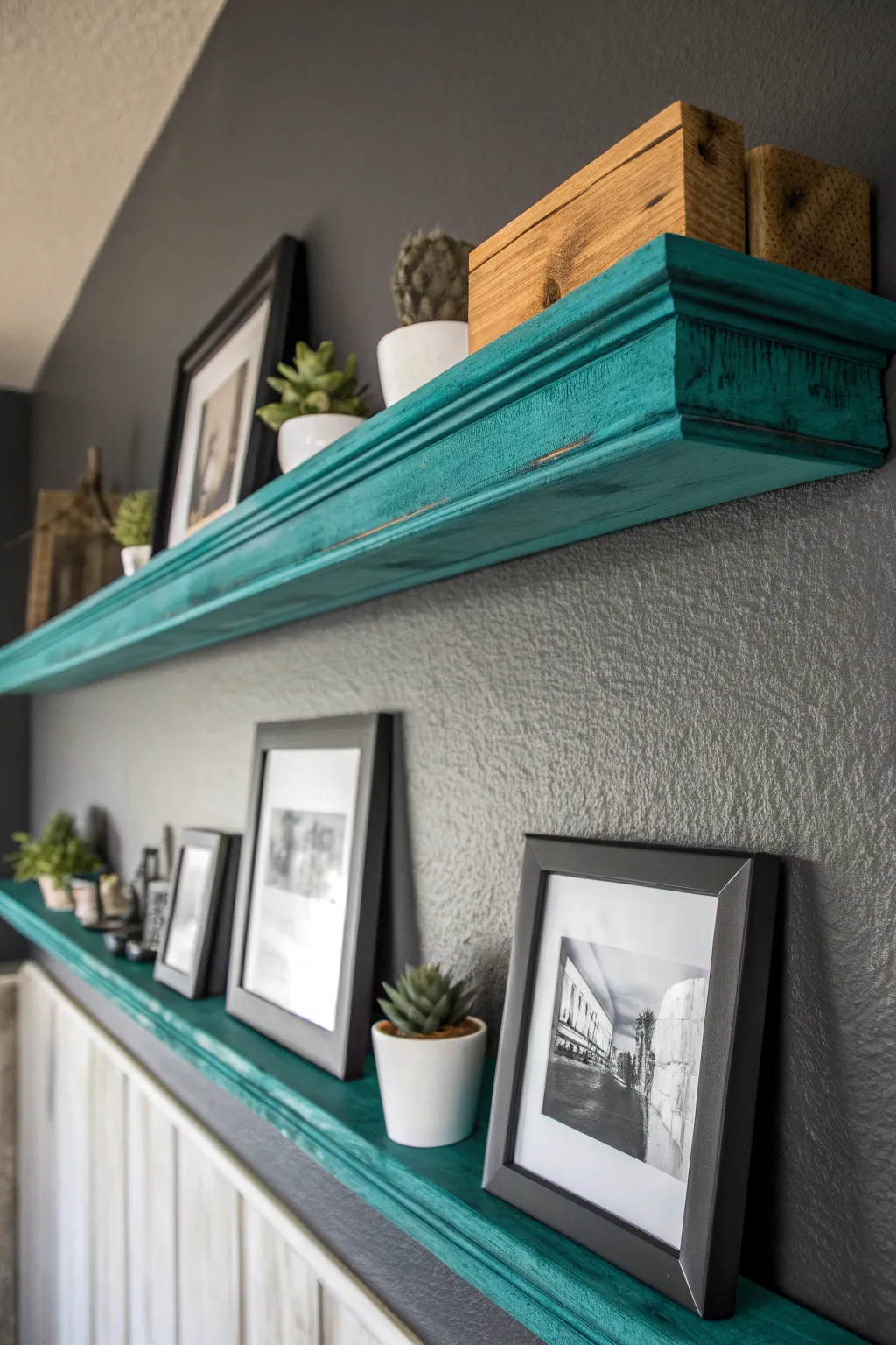 Transform your space with a bold teal picture ledge—where craftsmanship meets vibrant style.