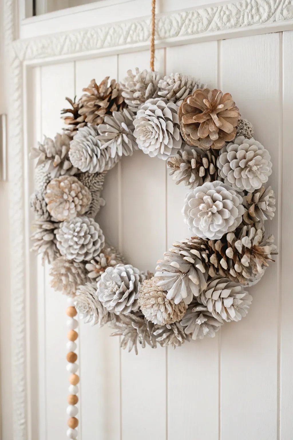 Embrace minimalist elegance with a bleached pinecone wreath, where simplicity meets natural beauty.