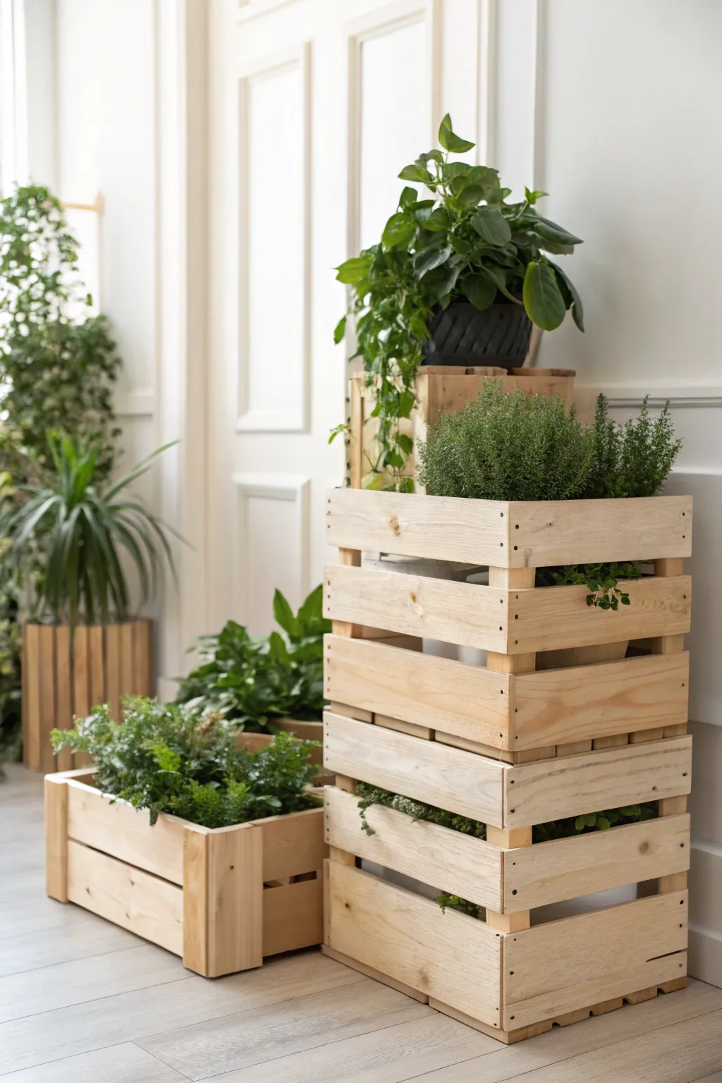 Elevate your green space with rustic charm: Discover the simplicity and beauty of DIY wooden crate plant stands.