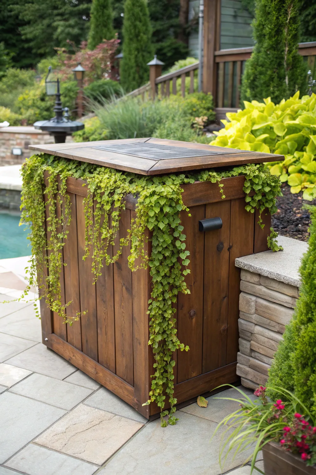 Elevate your outdoor space with a handcrafted pool pump cover, blending seamlessly with nature's beauty.