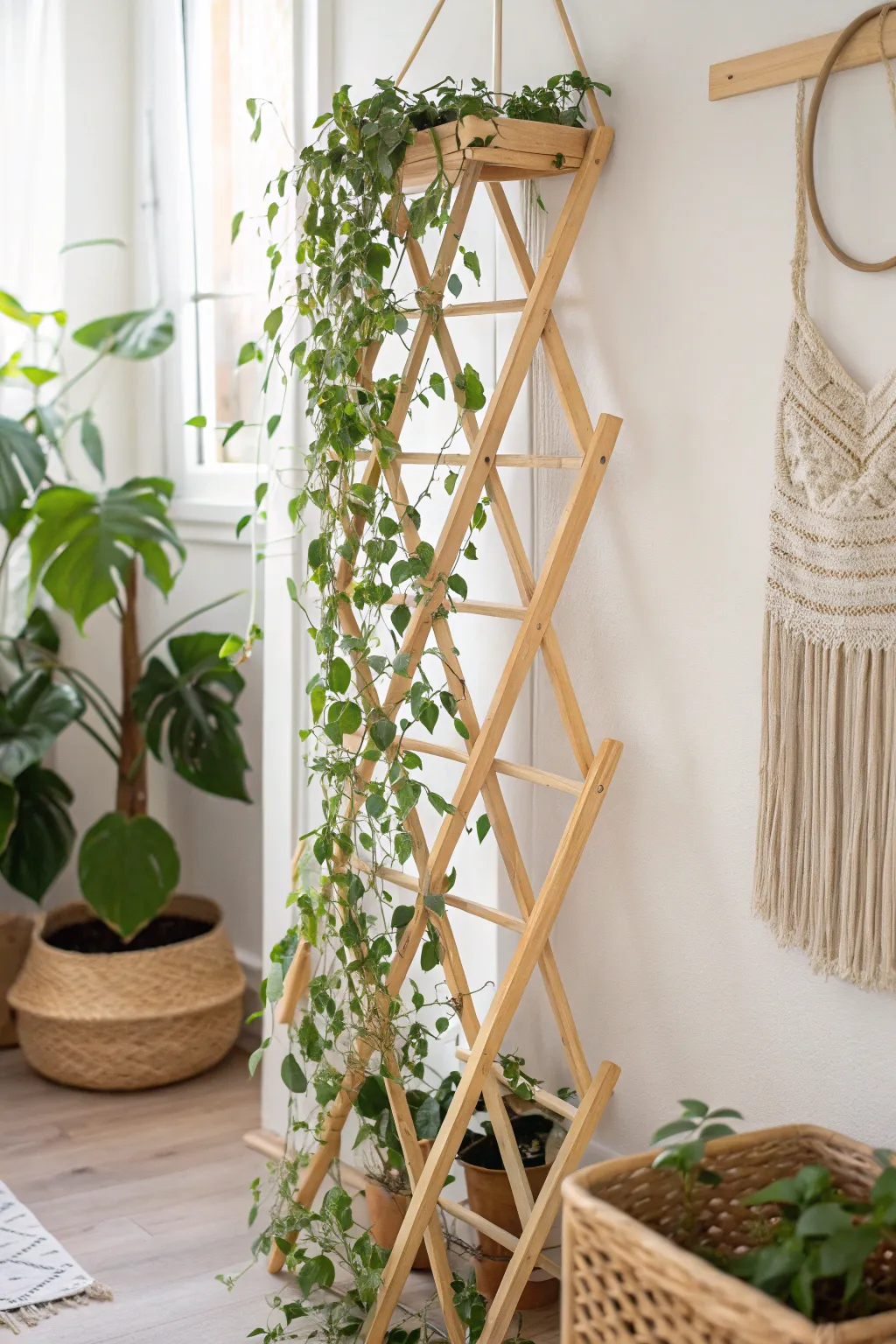 Transform your space with a touch of natural elegance—discover the charm of a wooden lattice trellis for your indoor garden!