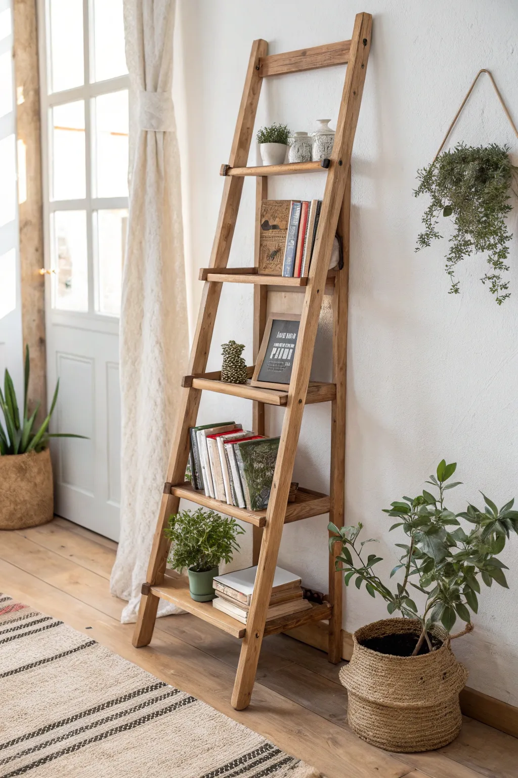 Transform your space with a touch of rustic elegance: a ladder bookshelf that's as stylish as it is functional.