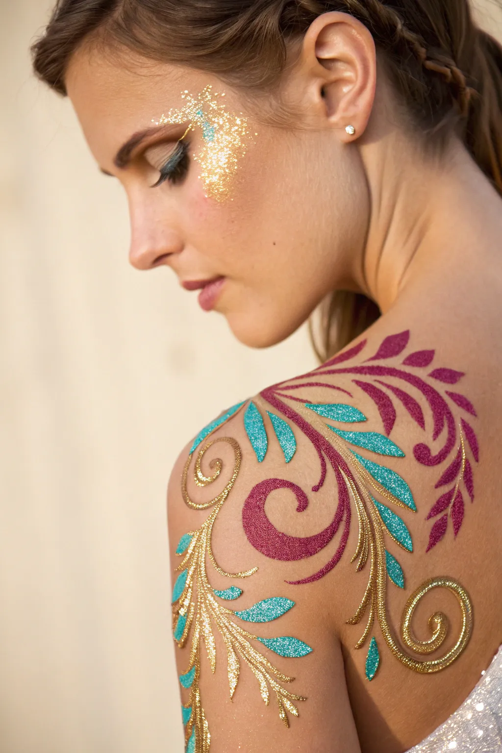 Embrace your sparkle with bold and beautiful glitter body art, perfect for standing out at the Rio Carnival.