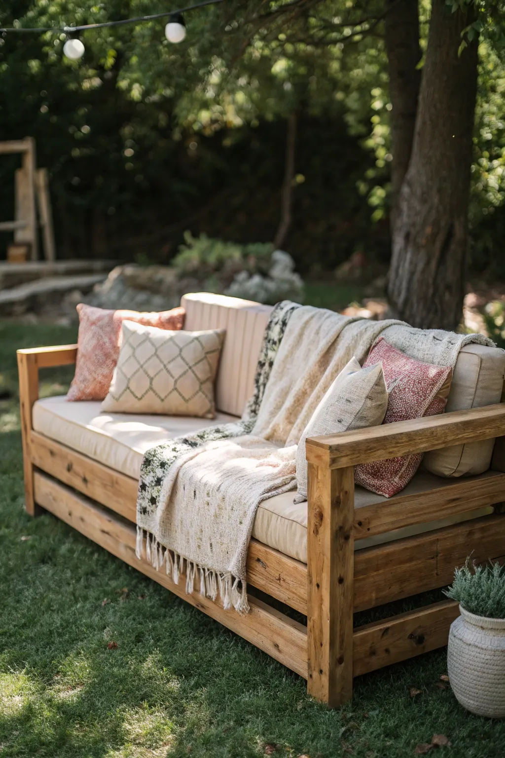 Transform your backyard into a cozy retreat with handmade throws and cushions.