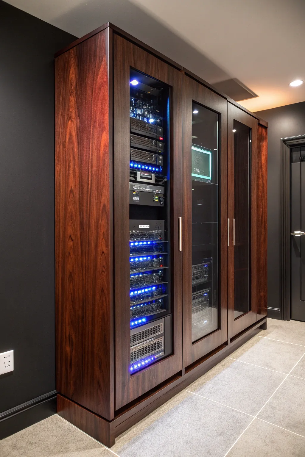 Elevate your tech game with a floating wall-mounted server rack that blends innovation with artistry.