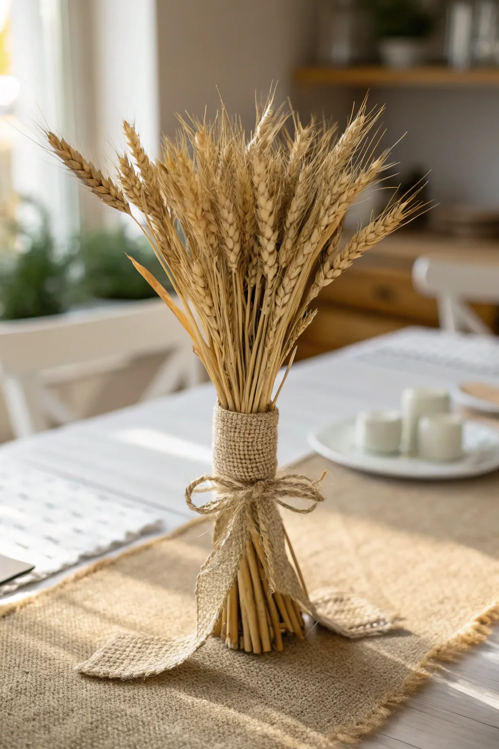 Embrace the harvest season with this rustic yet elegant burlap and wheat sheaf centerpiece.
