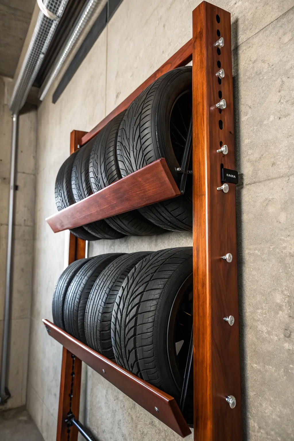 Elevate your garage game with this stunning wall-mounted tire rack, where form meets function in a bold display.