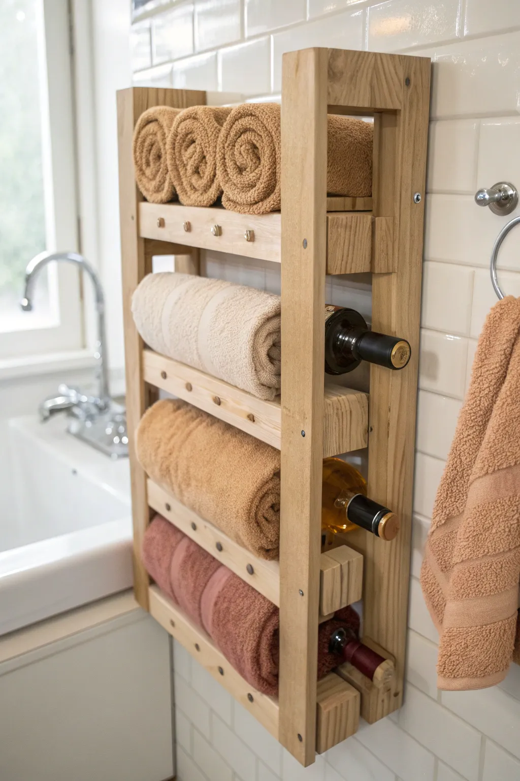 Transform your space with a touch of creativity: Repurpose a wine rack for a chic towel display!