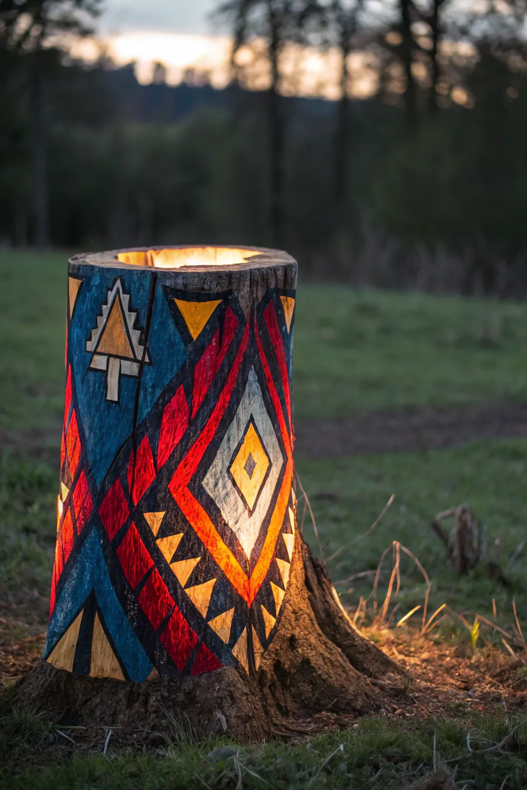 Illuminate your garden with this striking Painted Glow Stump: where art meets nature.