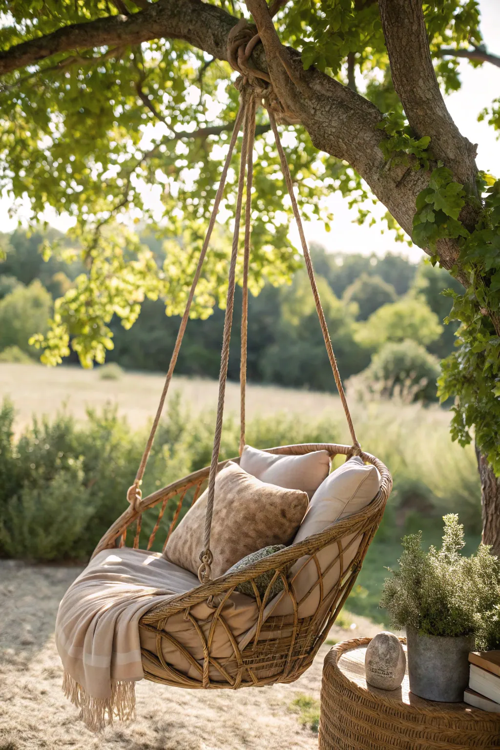 Find your cozy nook with this charming DIY basket swing, where simplicity meets natural beauty.