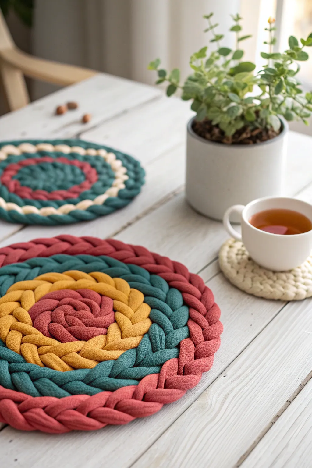 Transform your old t-shirts into a vibrant braided trivet, blending Scandinavian simplicity with boho flair. Perfect for cozy weekends!